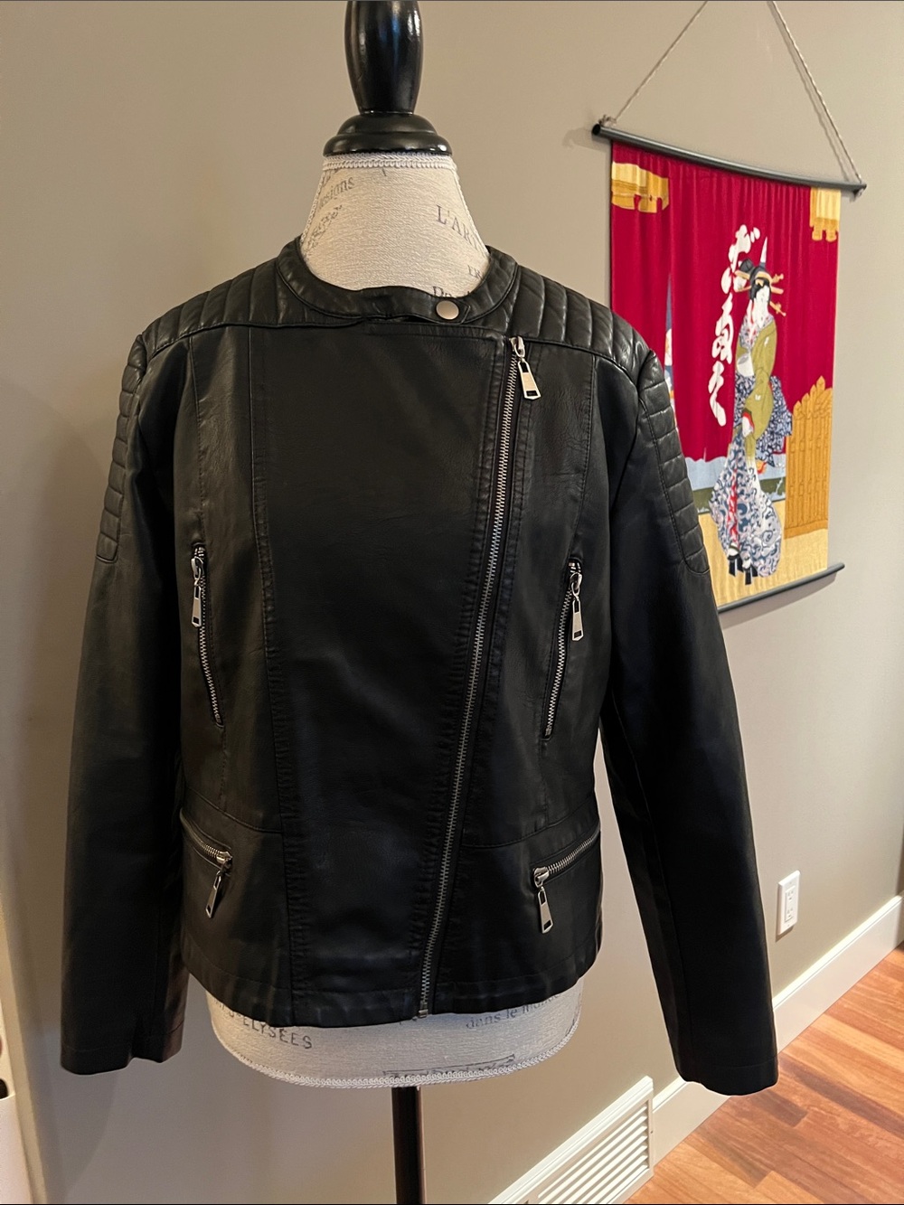 Black fitted leather like bomber jacket